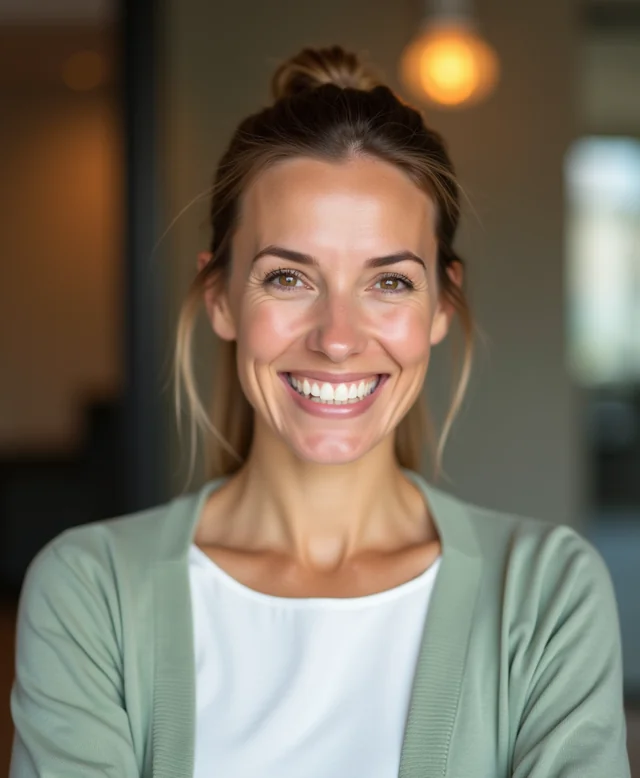 Visage d'exemple d'une avatar d'accueil : femme au sourire accueillant, cardigan vert