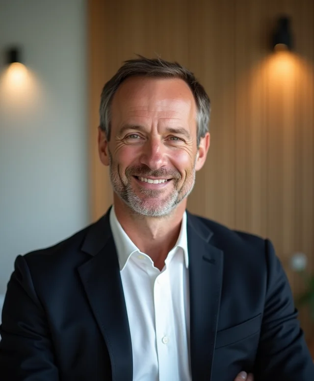 Visage d'exemple d'un avatar closer : homme assuré, blazer sombre, posture de conseil