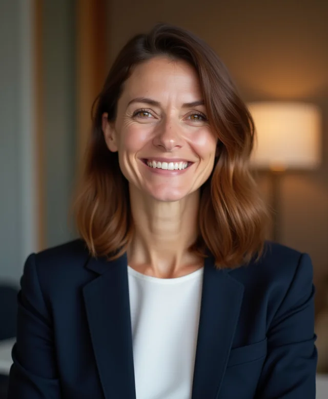 Visage d'exemple : femme d'une trentaine d'années, blazer bleu marine, face caméra comme en visio