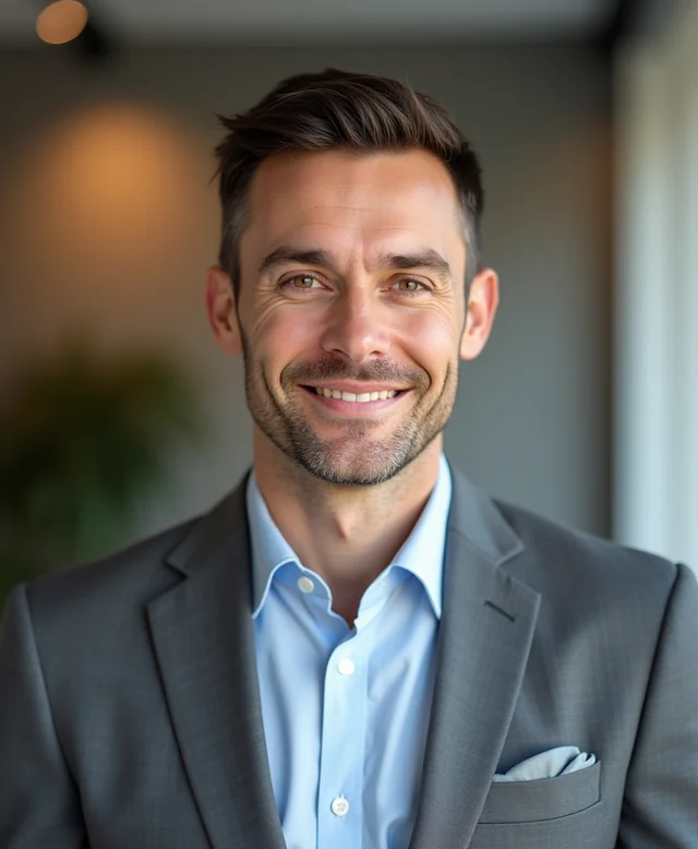 Visage d'exemple : homme d'une trentaine d'années, veste grise, chemise bleue