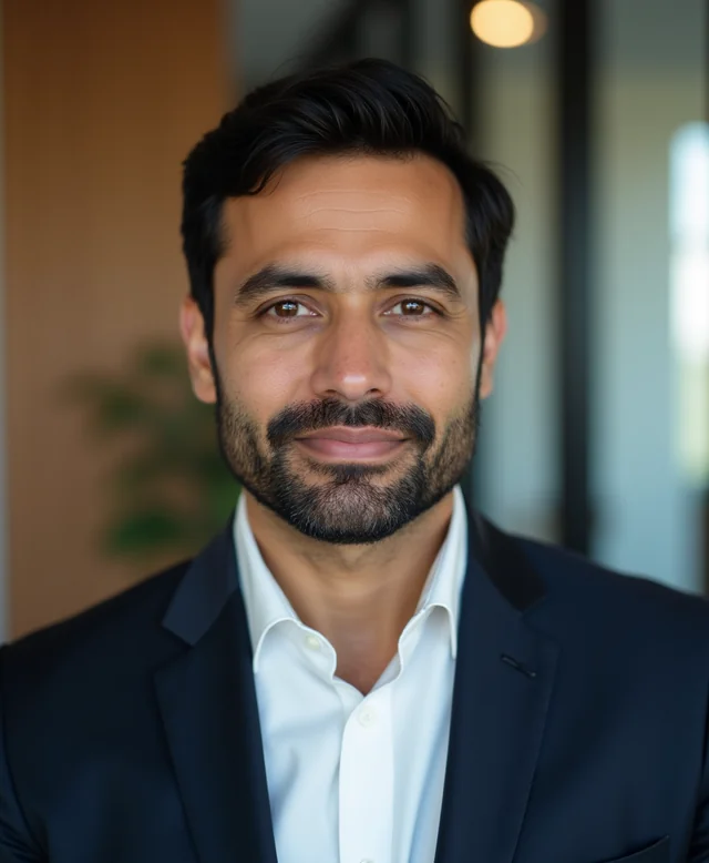 Visage d'exemple : homme d'une quarantaine d'années, barbe courte, veste marine